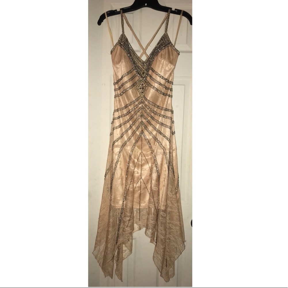SUE WONG 4 CHAMPAGNE LACE BEADED FORMAL DRESS EUC